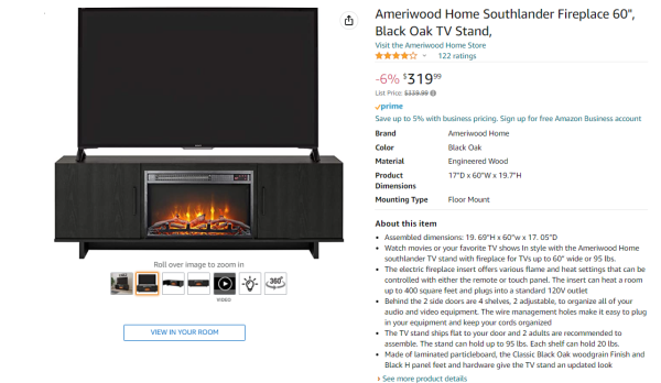 AI-Ameriwood Home Southlander TV Stand with Fireplace Hot on Sale